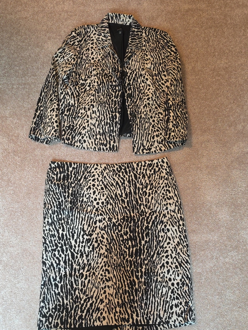 Talbots Black and Cream Animal Print Blazer and Skirt Set